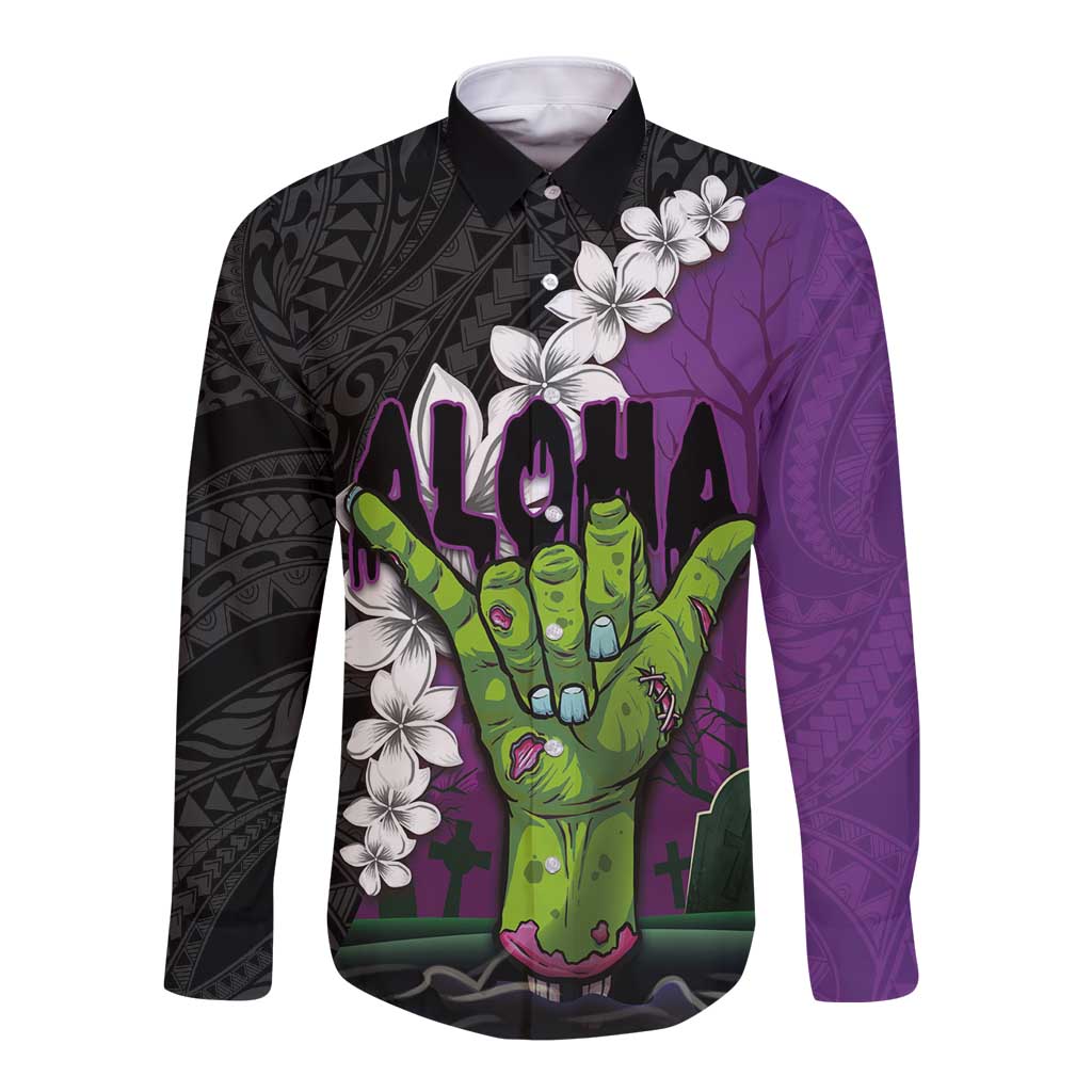 Hawaiian Halloween Long Sleeve Button Shirt Horror Shaka Hand with Plumeria and Polynesian Tattoo Midnight Color