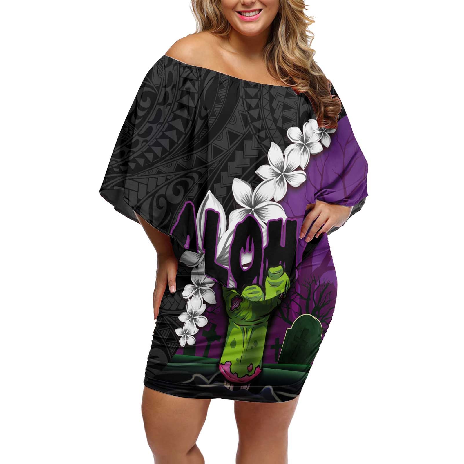 Hawaiian Halloween Off Shoulder Short Dress Horror Shaka Hand with Plumeria and Polynesian Tattoo Midnight Color LT03 Women Purple - Polynesian Pride