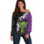 Hawaiian Halloween Off Shoulder Sweater Horror Shaka Hand with Plumeria and Polynesian Tattoo Midnight Color