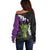 Hawaiian Halloween Off Shoulder Sweater Horror Shaka Hand with Plumeria and Polynesian Tattoo Midnight Color