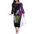 Hawaiian Halloween Off The Shoulder Long Sleeve Dress Horror Shaka Hand with Plumeria and Polynesian Tattoo Midnight Color