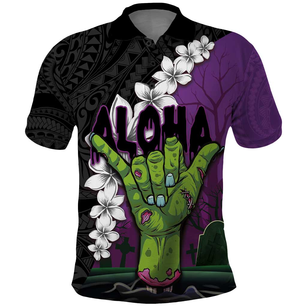 Hawaiian Halloween Polo Shirt Horror Shaka Hand with Plumeria and Polynesian Tattoo Midnight Color