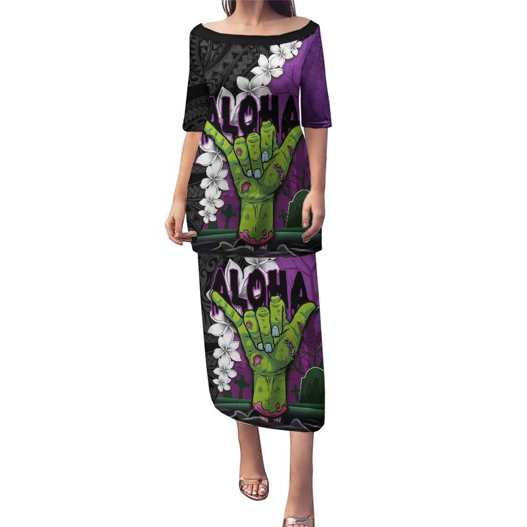 Hawaiian Halloween Puletasi Horror Shaka Hand with Plumeria and Polynesian Tattoo Midnight Color LT03 Long Dress Purple - Polynesian Pride