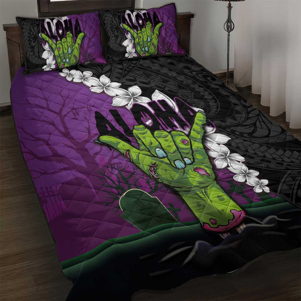 Hawaiian Halloween Quilt Bed Set Horror Shaka Hand with Plumeria and Polynesian Tattoo Midnight Color