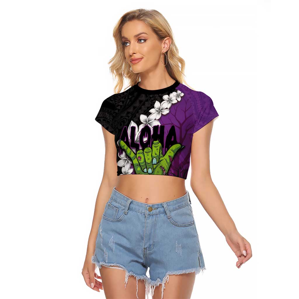 Hawaiian Halloween Raglan Cropped T Shirt Horror Shaka Hand with Plumeria and Polynesian Tattoo Midnight Color LT03 Female Purple - Polynesian Pride