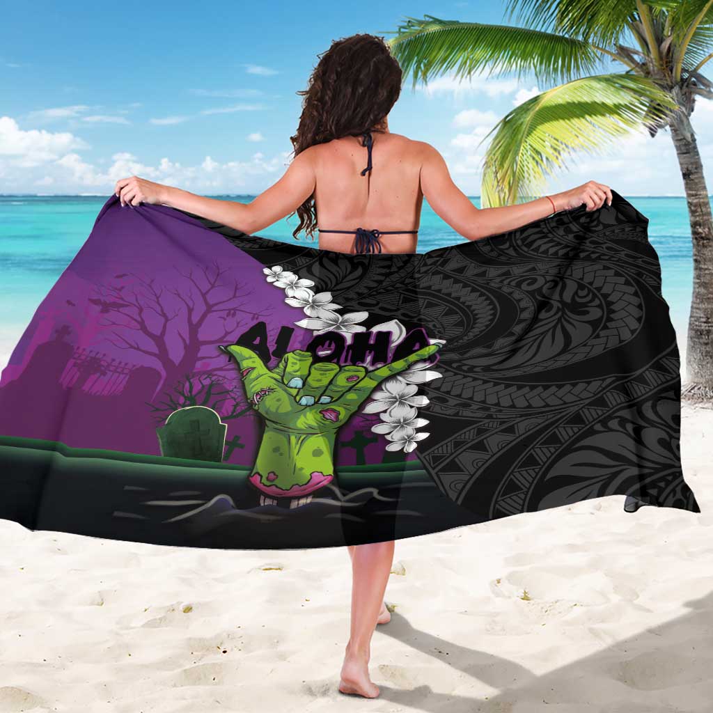 Hawaiian Halloween Sarong Horror Shaka Hand with Plumeria and Polynesian Tattoo Midnight Color