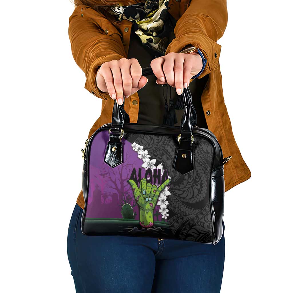 Hawaiian Halloween Shoulder Handbag Horror Shaka Hand with Plumeria and Polynesian Tattoo Midnight Color