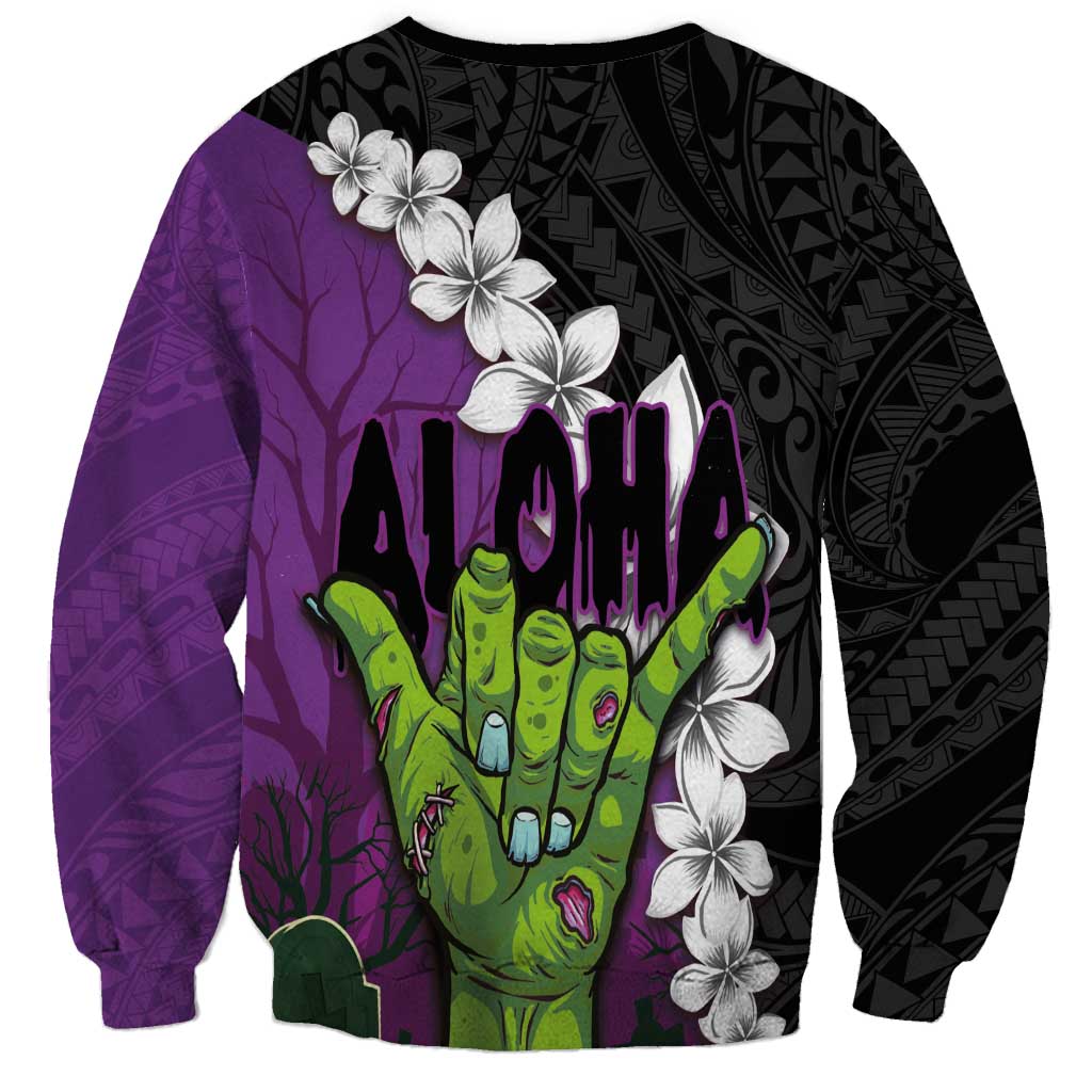 Hawaiian Halloween Sweatshirt Horror Shaka Hand with Plumeria and Polynesian Tattoo Midnight Color LT03 - Polynesian Pride