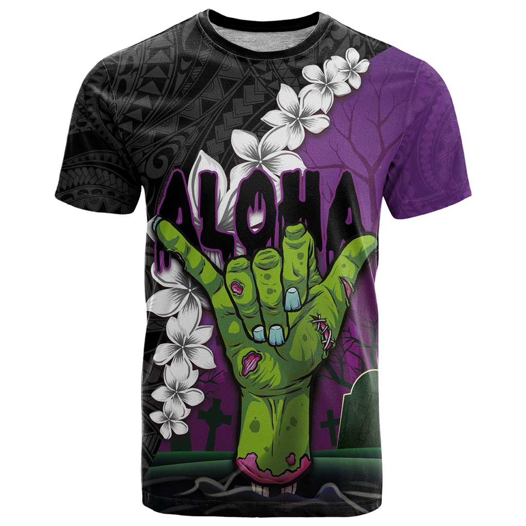 Hawaiian Halloween T Shirt Horror Shaka Hand with Plumeria and Polynesian Tattoo Midnight Color