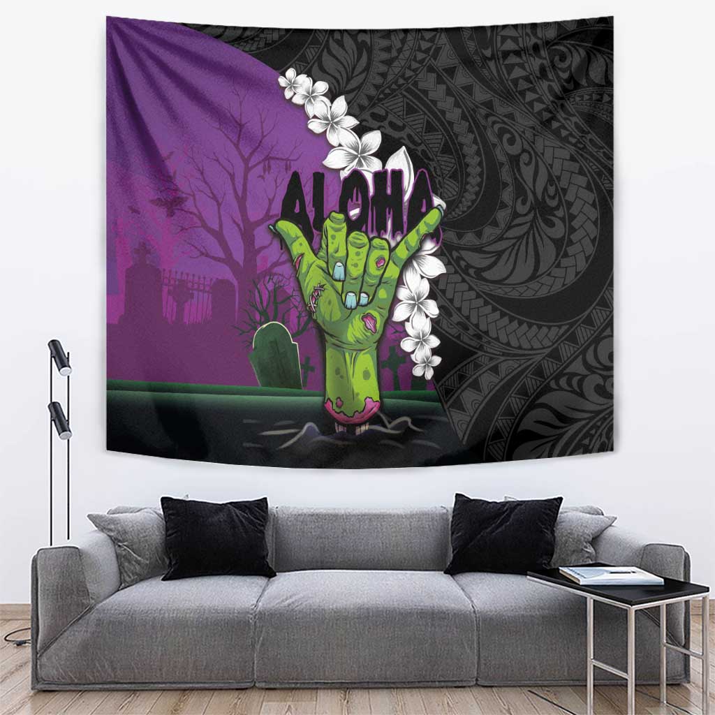 Hawaiian Halloween Tapestry Horror Shaka Hand with Plumeria and Polynesian Tattoo Midnight Color