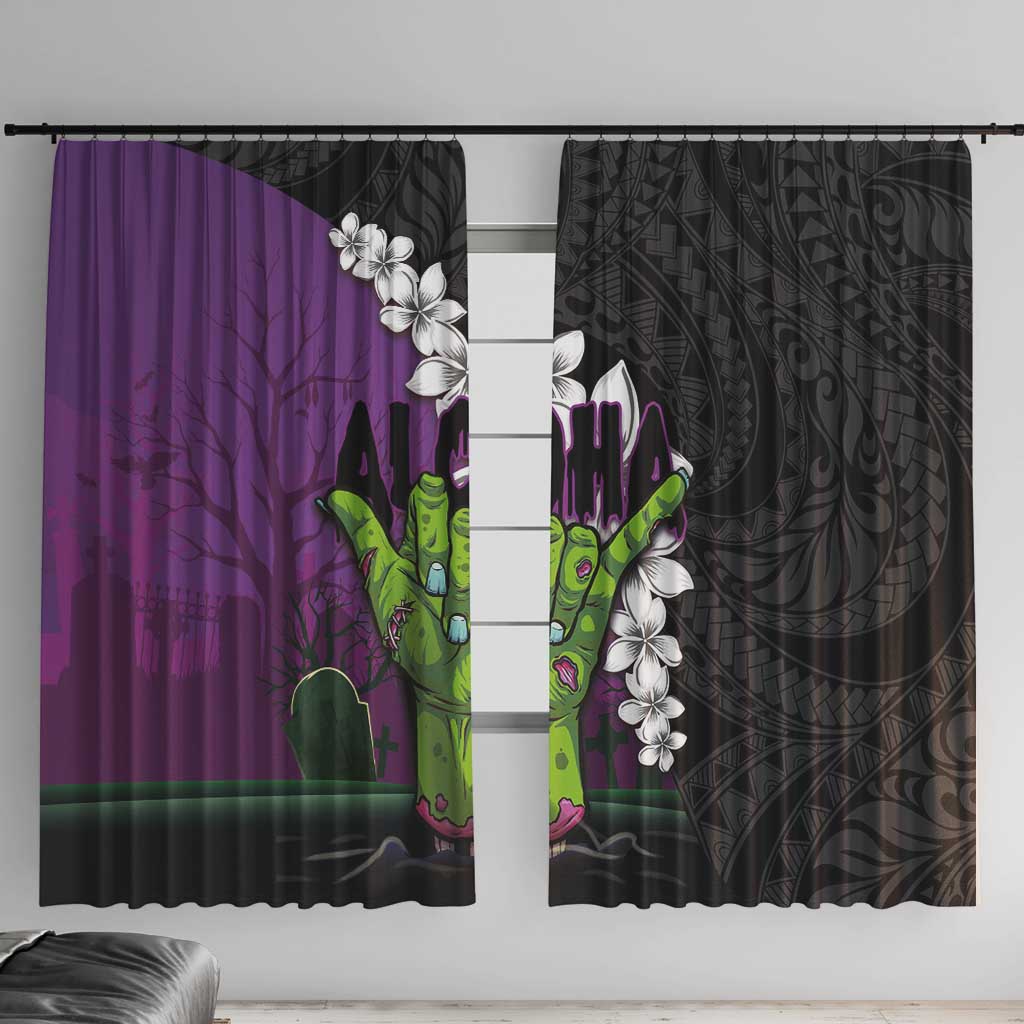 Hawaiian Halloween Window Curtain Horror Shaka Hand with Plumeria and Polynesian Tattoo Midnight Color