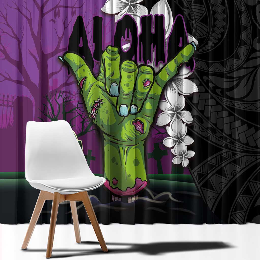 Hawaiian Halloween Window Curtain Horror Shaka Hand with Plumeria and Polynesian Tattoo Midnight Color LT03 - Polynesian Pride