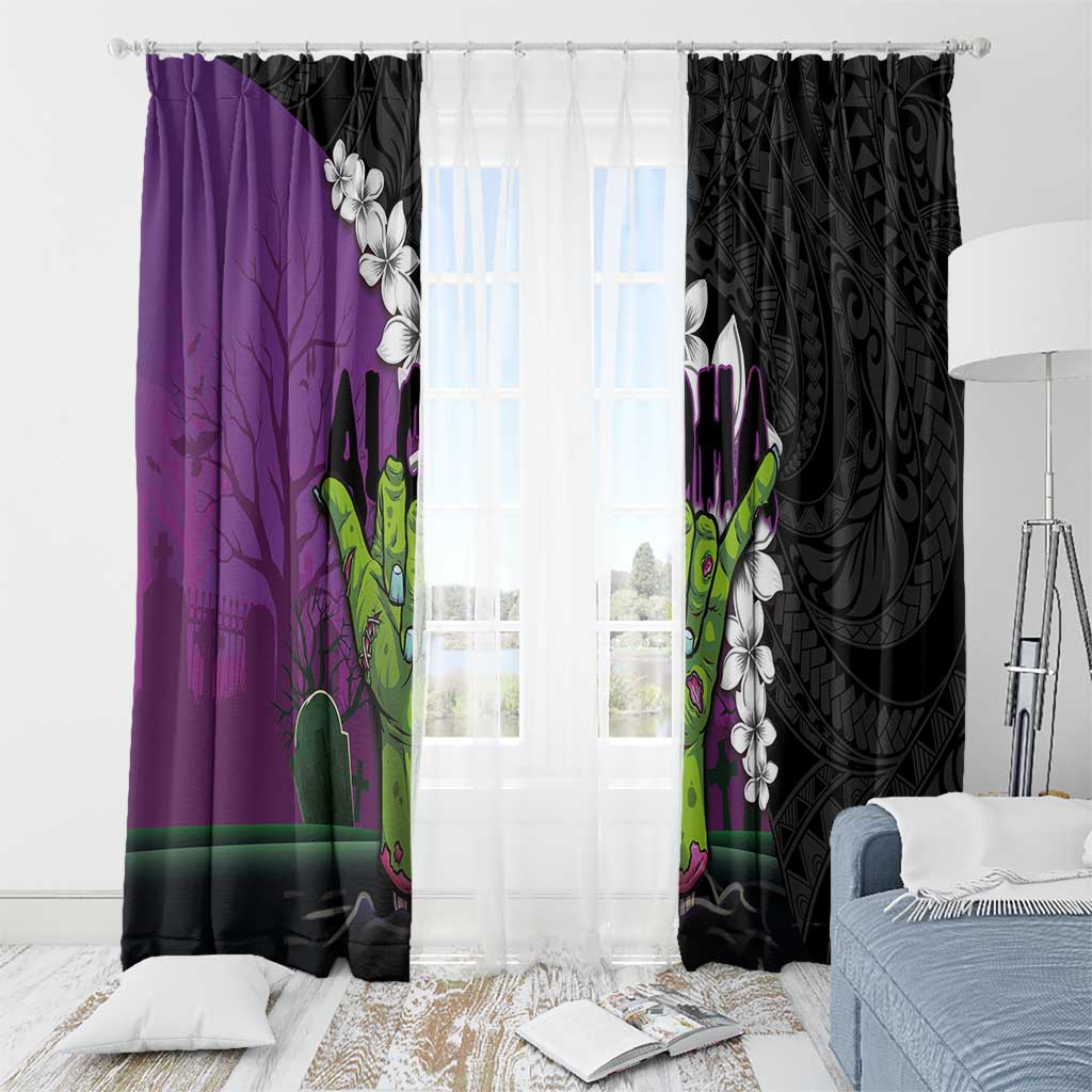 Hawaiian Halloween Window Curtain Horror Shaka Hand with Plumeria and Polynesian Tattoo Midnight Color LT03 - Polynesian Pride