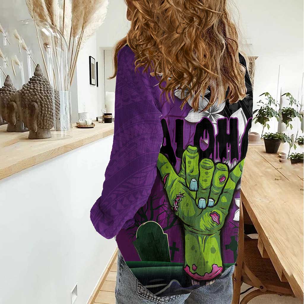 Hawaiian Halloween Women Casual Shirt Horror Shaka Hand with Plumeria and Polynesian Tattoo Midnight Color