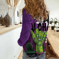 Hawaiian Halloween Women Casual Shirt Horror Shaka Hand with Plumeria and Polynesian Tattoo Midnight Color