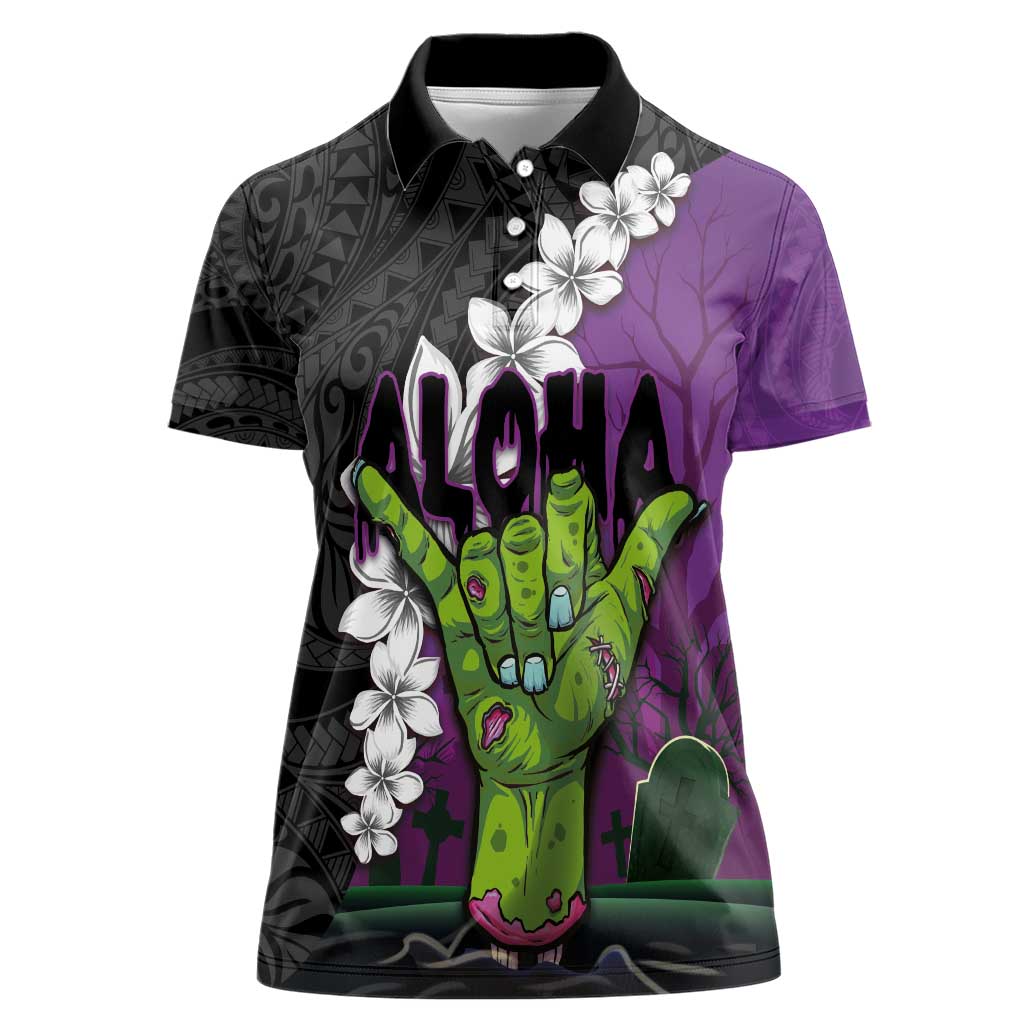 Hawaiian Halloween Women Polo Shirt Horror Shaka Hand with Plumeria and Polynesian Tattoo Midnight Color