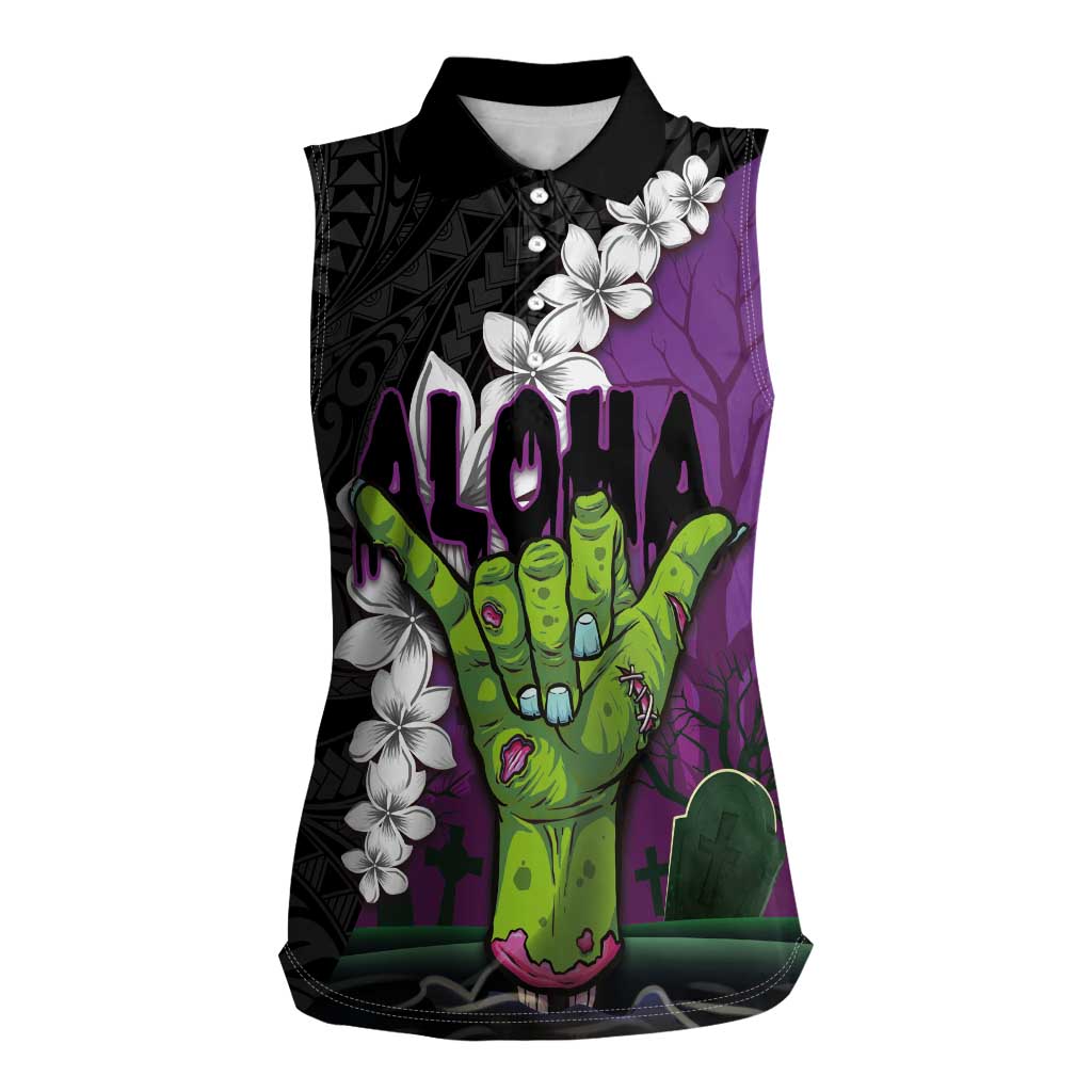 Hawaiian Halloween Women Sleeveless Polo Shirt Horror Shaka Hand with Plumeria and Polynesian Tattoo Midnight Color