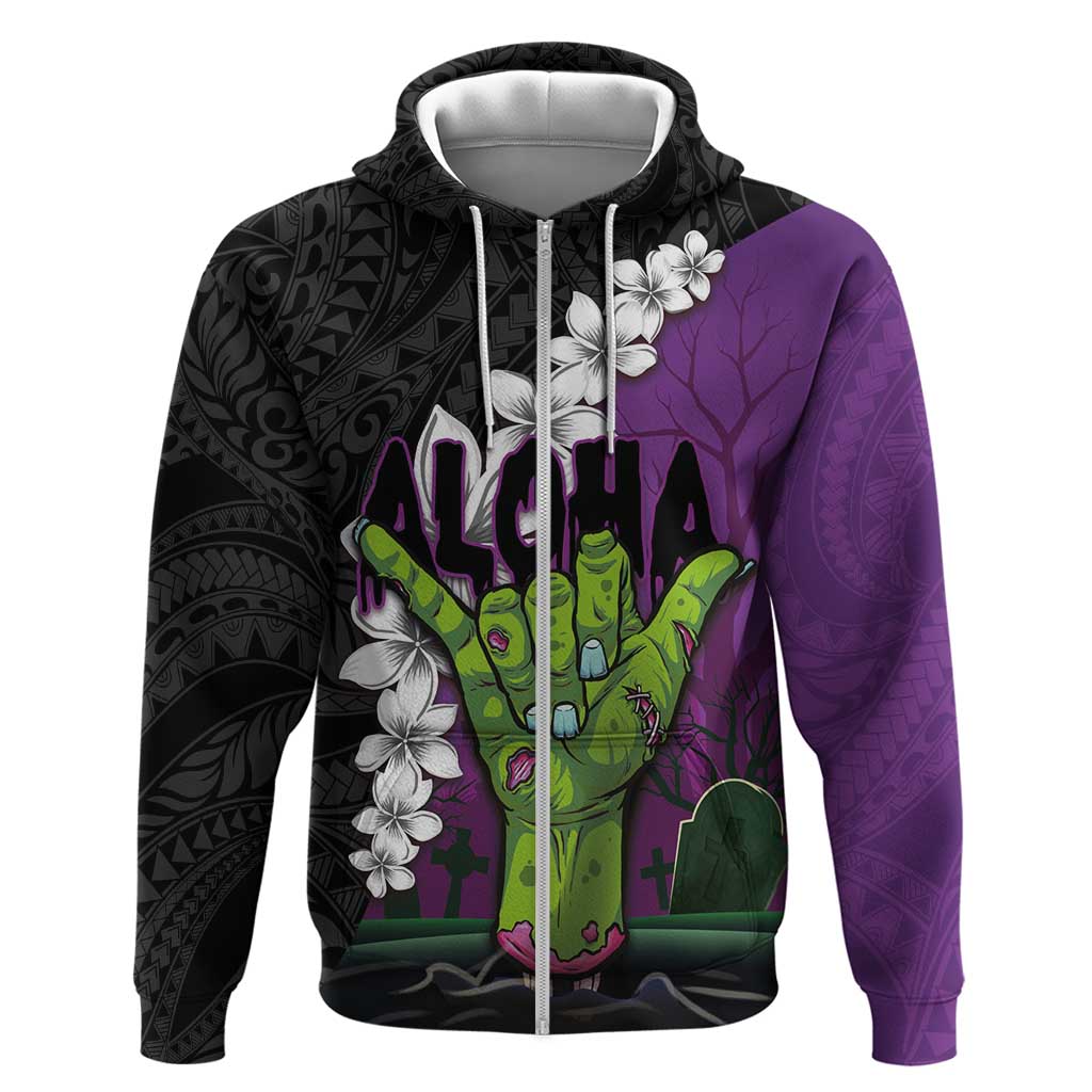 Hawaiian Halloween Zip Hoodie Horror Shaka Hand with Plumeria and Polynesian Tattoo Midnight Color