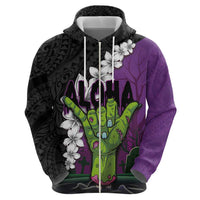 Hawaiian Halloween Zip Hoodie Horror Shaka Hand with Plumeria and Polynesian Tattoo Midnight Color