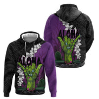 Hawaiian Halloween Zip Hoodie Horror Shaka Hand with Plumeria and Polynesian Tattoo Midnight Color