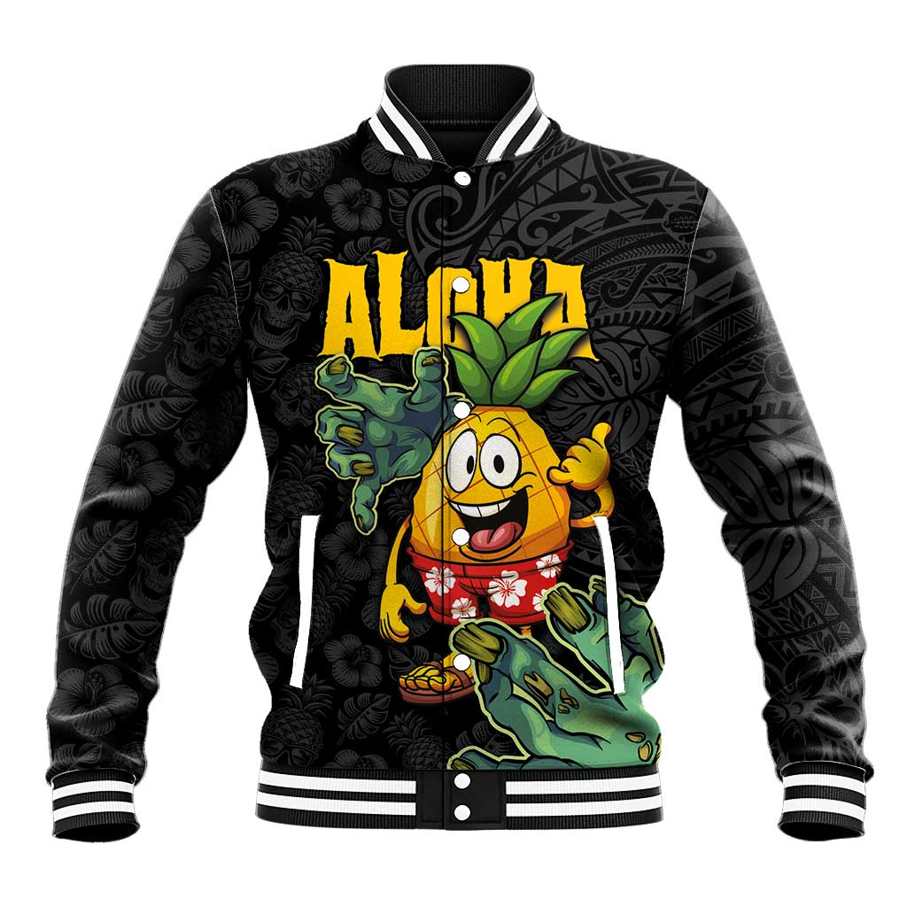 Hawaiian Halloween Baseball Jacket Aloha Pinapple with Mysterious Hands and Polynesian Tribal Tattoo LT03 Unisex Black - Polynesian Pride
