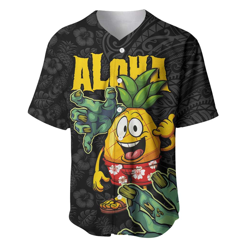 Hawaiian Halloween Baseball Jersey Aloha Pinapple with Mysterious Hands and Polynesian Tribal Tattoo