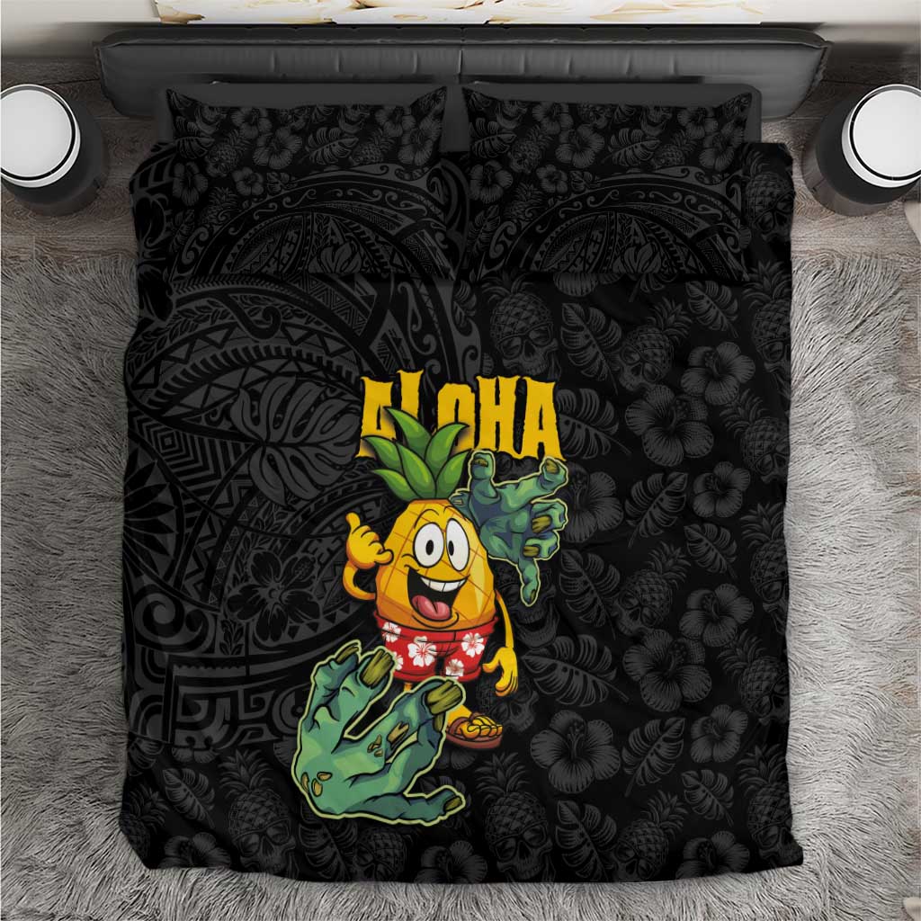 Hawaiian Halloween Bedding Set Aloha Pinapple with Mysterious Hands and Polynesian Tribal Tattoo