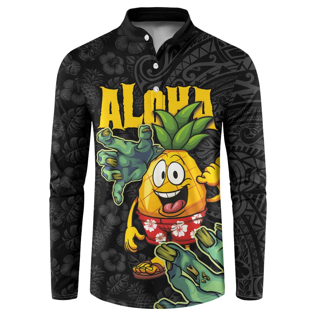 Hawaiian Halloween Button Sweatshirt Aloha Pinapple with Mysterious Hands and Polynesian Tribal Tattoo LT03 Black - Polynesian Pride