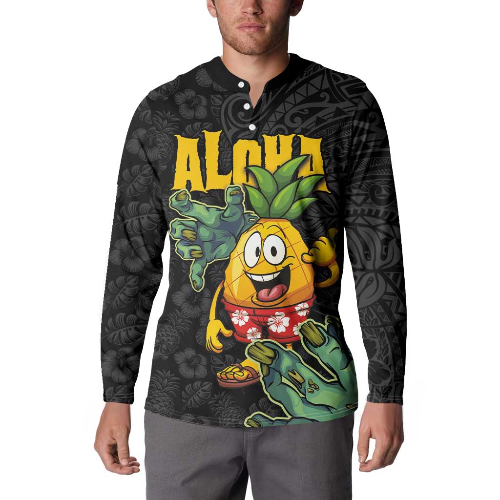 Hawaiian Halloween Button Sweatshirt Aloha Pinapple with Mysterious Hands and Polynesian Tribal Tattoo LT03 - Polynesian Pride
