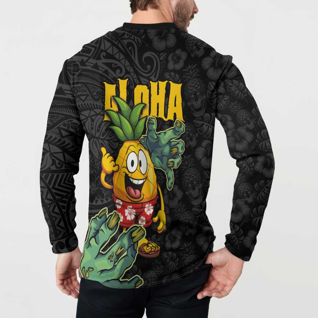 Hawaiian Halloween Button Sweatshirt Aloha Pinapple with Mysterious Hands and Polynesian Tribal Tattoo LT03 - Polynesian Pride