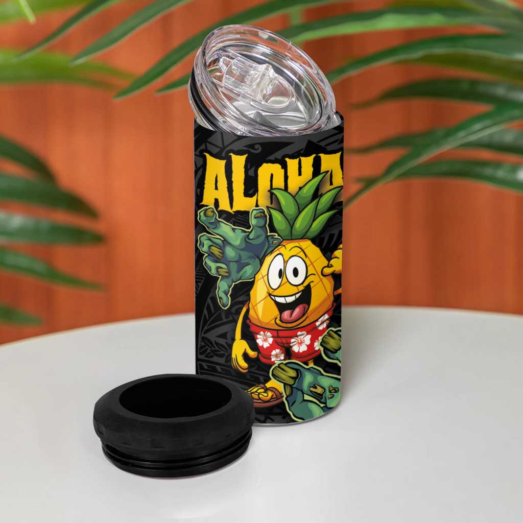 Hawaiian Halloween 4 in 1 Can Cooler Tumbler Aloha Pinapple with Mysterious Hands and Polynesian Tribal Tattoo