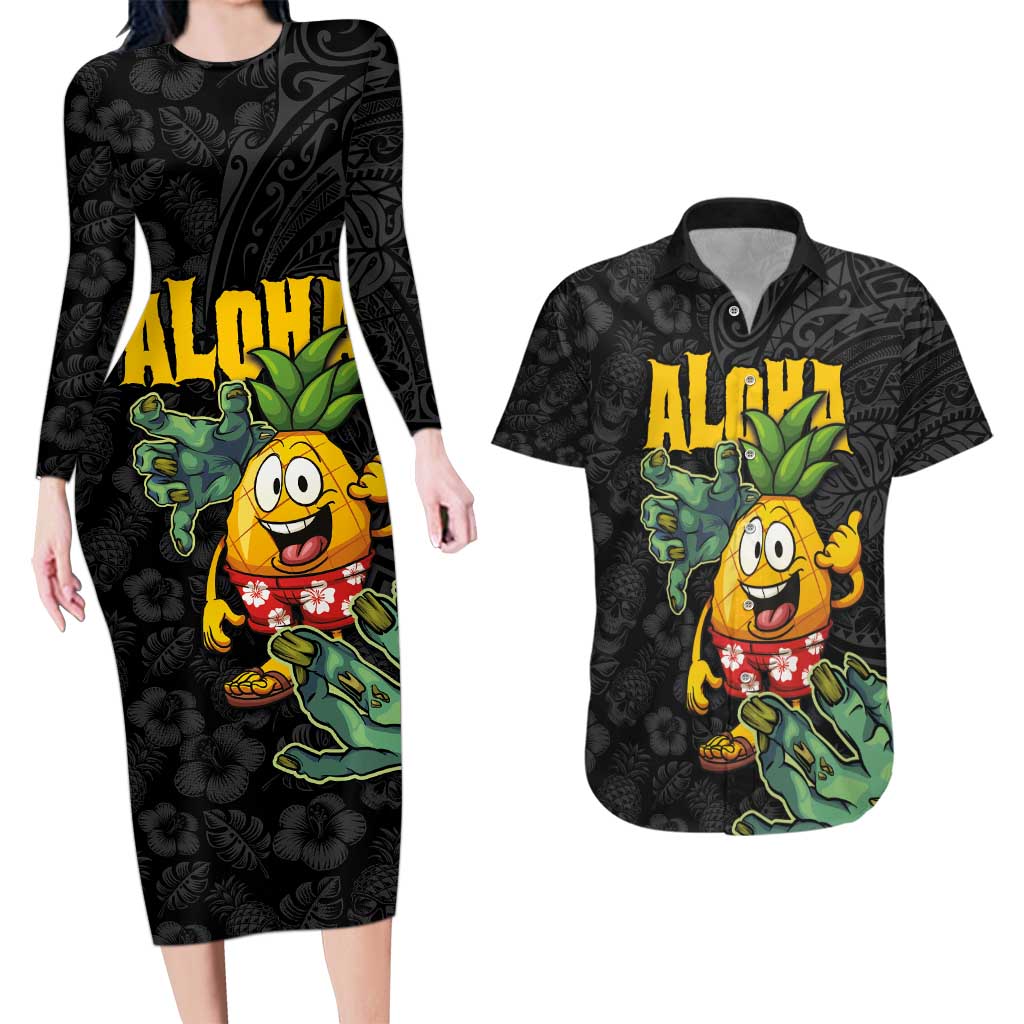 Hawaiian Halloween Couples Matching Long Sleeve Bodycon Dress and Hawaiian Shirt Aloha Pinapple with Mysterious Hands and Polynesian Tribal Tattoo