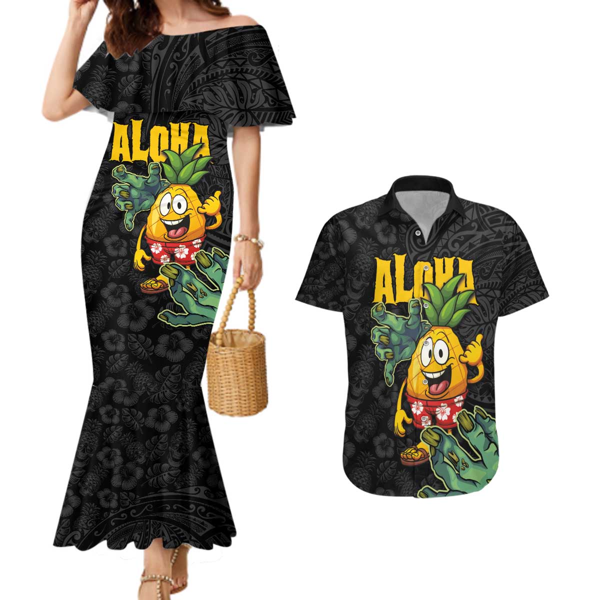 Hawaiian Halloween Couples Matching Mermaid Dress and Hawaiian Shirt Aloha Pinapple with Mysterious Hands and Polynesian Tribal Tattoo