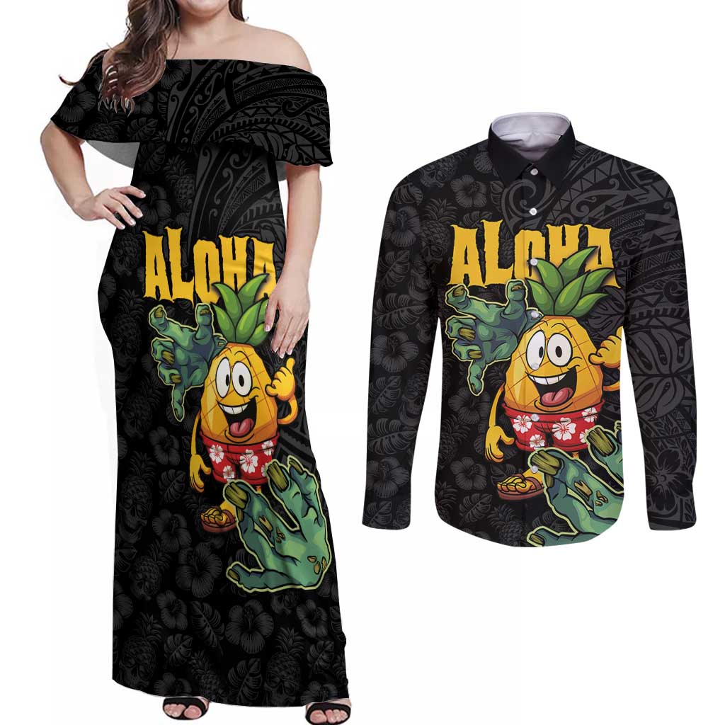 Hawaiian Halloween Couples Matching Off Shoulder Maxi Dress and Long Sleeve Button Shirt Aloha Pinapple with Mysterious Hands and Polynesian Tribal Tattoo LT03 Black - Polynesian Pride