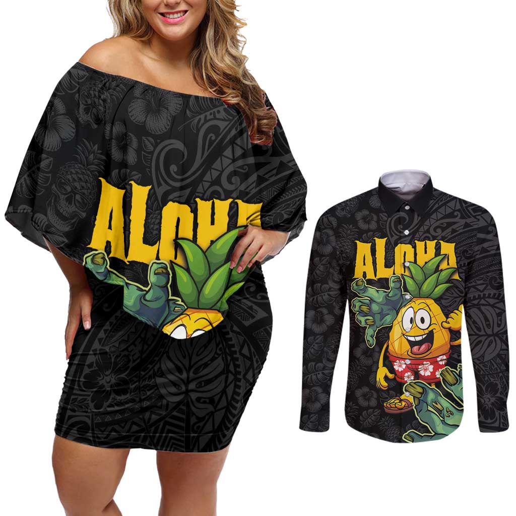 Hawaiian Halloween Couples Matching Off Shoulder Short Dress and Long Sleeve Button Shirt Aloha Pinapple with Mysterious Hands and Polynesian Tribal Tattoo LT03 Black - Polynesian Pride
