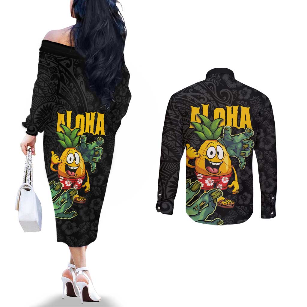 Hawaiian Halloween Couples Matching Off The Shoulder Long Sleeve Dress and Long Sleeve Button Shirt Aloha Pinapple with Mysterious Hands and Polynesian Tribal Tattoo