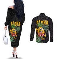 Hawaiian Halloween Couples Matching Off The Shoulder Long Sleeve Dress and Long Sleeve Button Shirt Aloha Pinapple with Mysterious Hands and Polynesian Tribal Tattoo