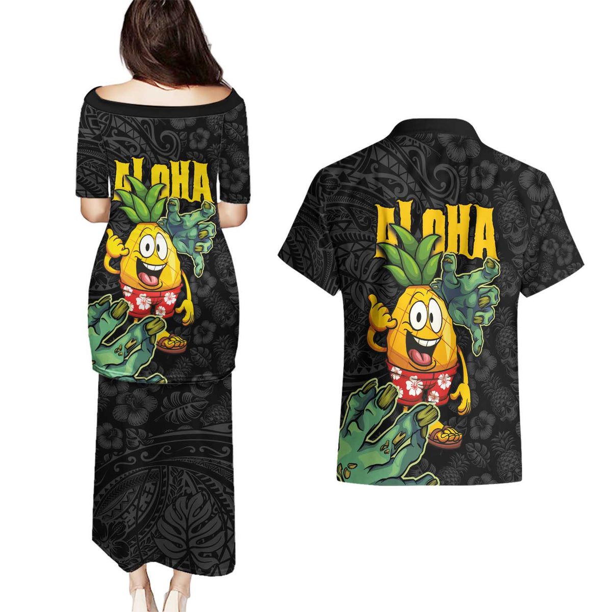 Hawaiian Halloween Couples Matching Puletasi and Hawaiian Shirt Aloha Pinapple with Mysterious Hands and Polynesian Tribal Tattoo