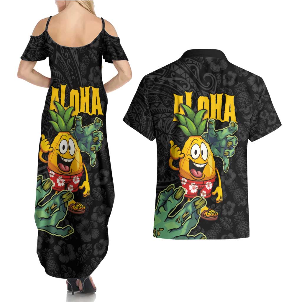 Hawaiian Halloween Couples Matching Summer Maxi Dress and Hawaiian Shirt Aloha Pinapple with Mysterious Hands and Polynesian Tribal Tattoo