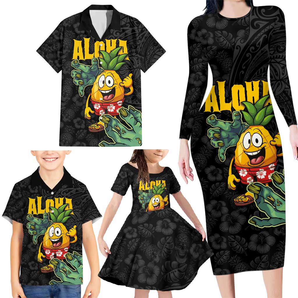 Hawaiian Halloween Family Matching Long Sleeve Bodycon Dress and Hawaiian Shirt Aloha Pinapple with Mysterious Hands and Polynesian Tribal Tattoo LT03 - Polynesian Pride