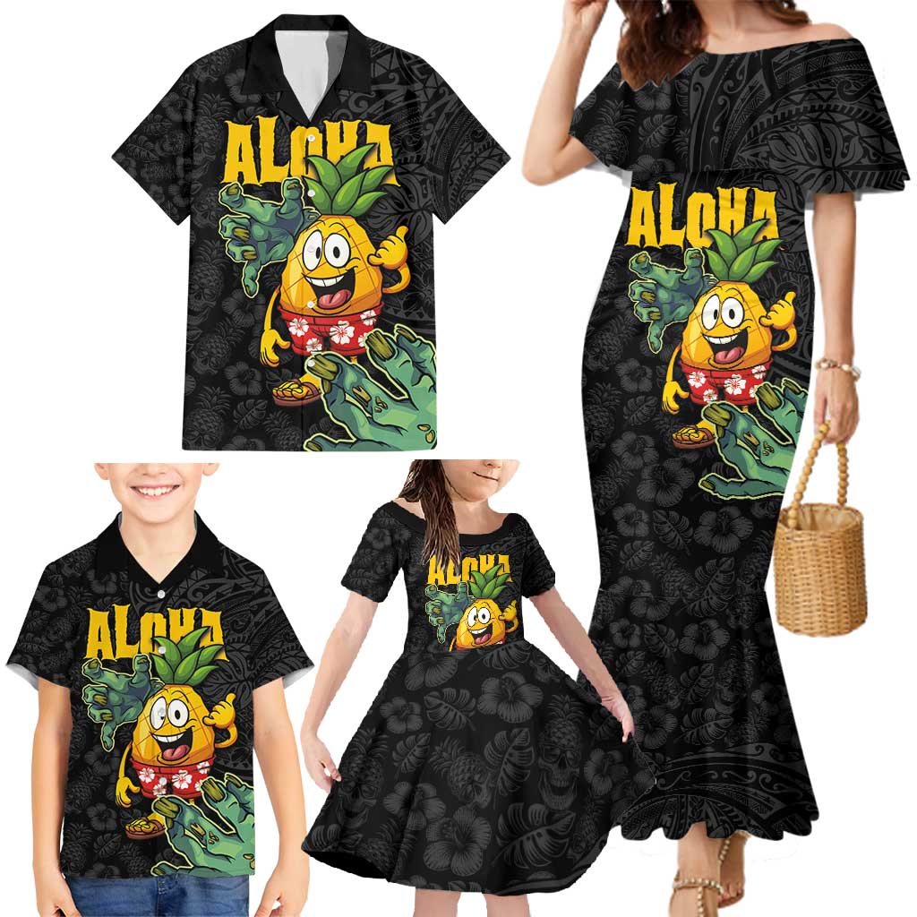 Hawaiian Halloween Family Matching Mermaid Dress and Hawaiian Shirt Aloha Pinapple with Mysterious Hands and Polynesian Tribal Tattoo