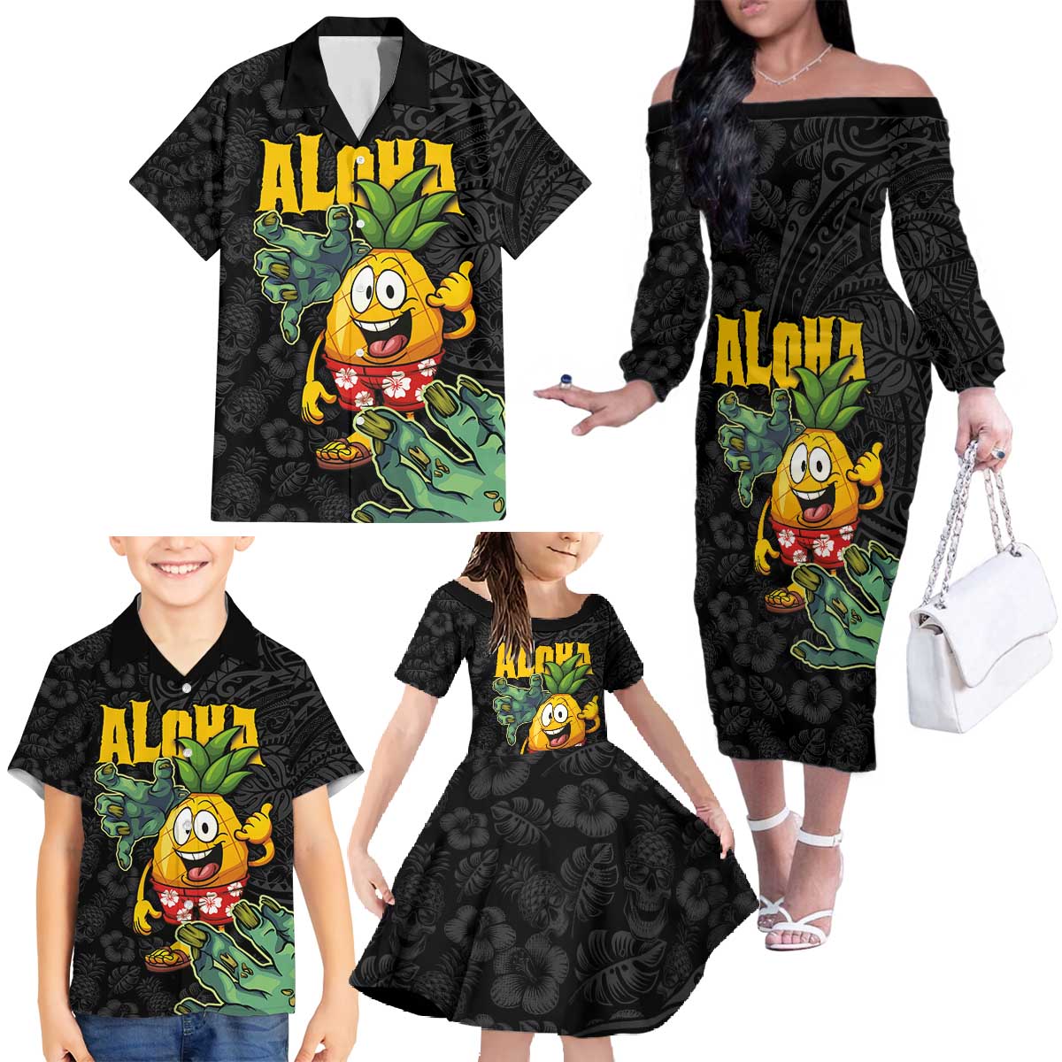 Hawaiian Halloween Family Matching Off The Shoulder Long Sleeve Dress and Hawaiian Shirt Aloha Pinapple with Mysterious Hands and Polynesian Tribal Tattoo