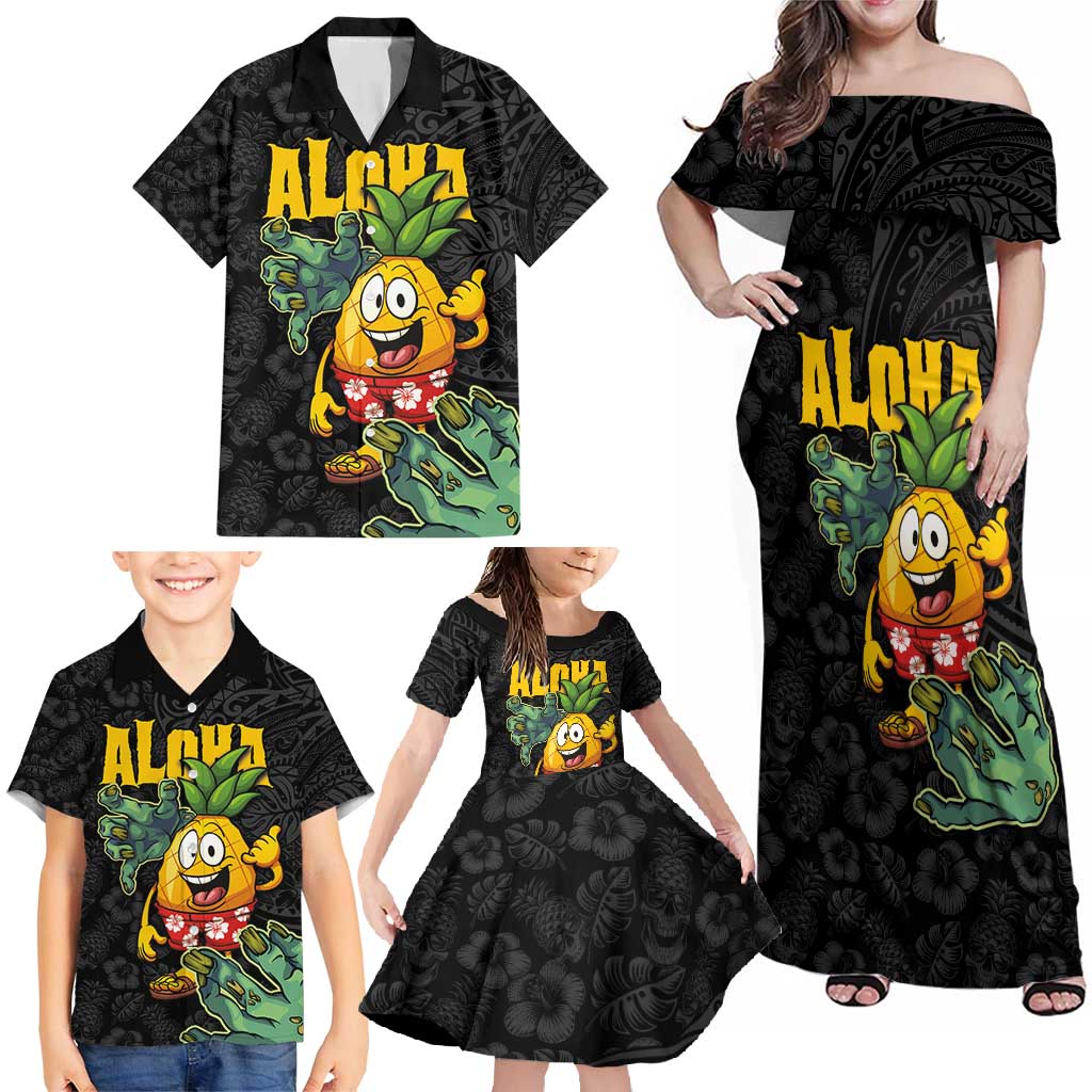 Hawaiian Halloween Family Matching Off Shoulder Maxi Dress and Hawaiian Shirt Aloha Pinapple with Mysterious Hands and Polynesian Tribal Tattoo