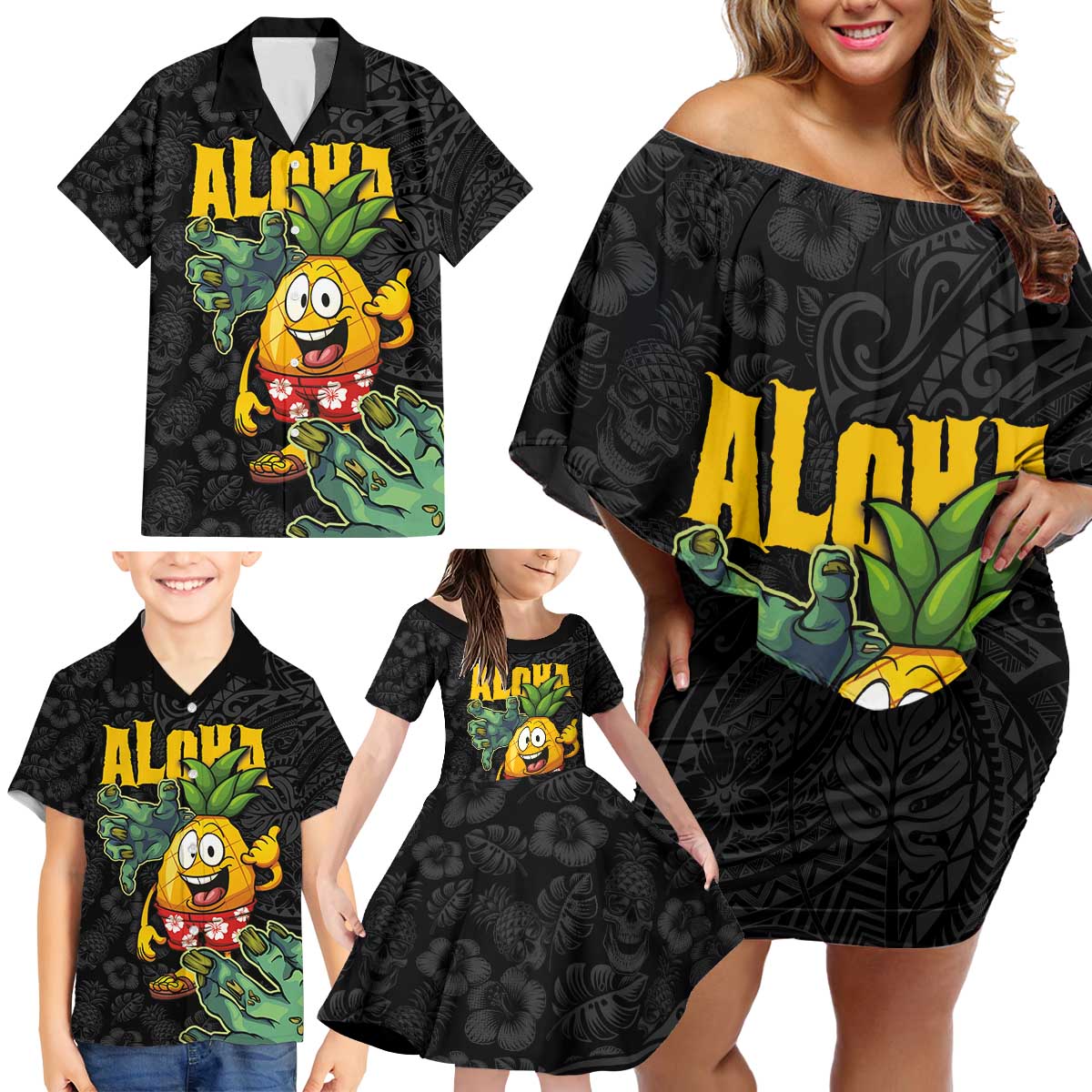 Hawaiian Halloween Family Matching Off Shoulder Short Dress and Hawaiian Shirt Aloha Pinapple with Mysterious Hands and Polynesian Tribal Tattoo