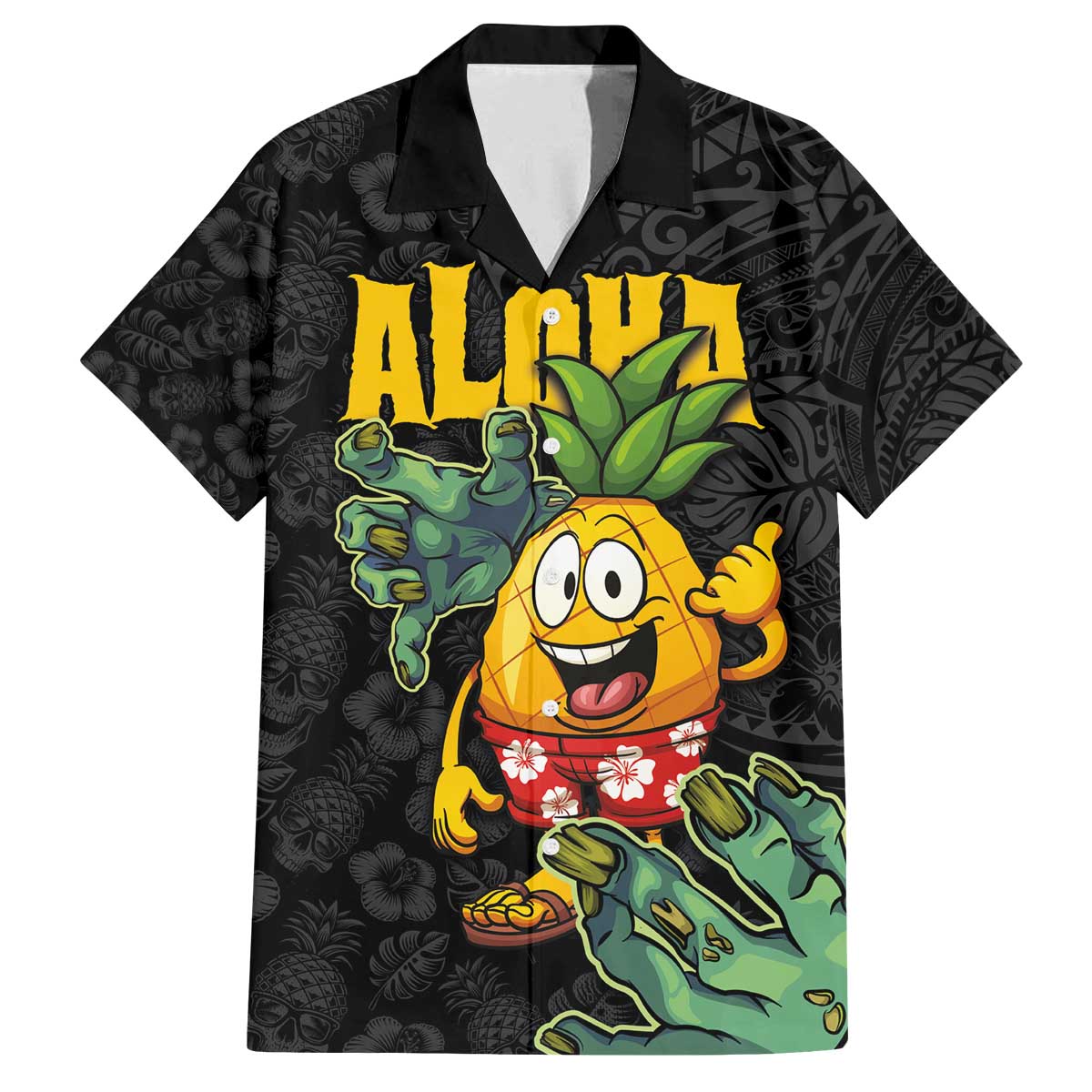 Hawaiian Halloween Family Matching Off Shoulder Short Dress and Hawaiian Shirt Aloha Pinapple with Mysterious Hands and Polynesian Tribal Tattoo