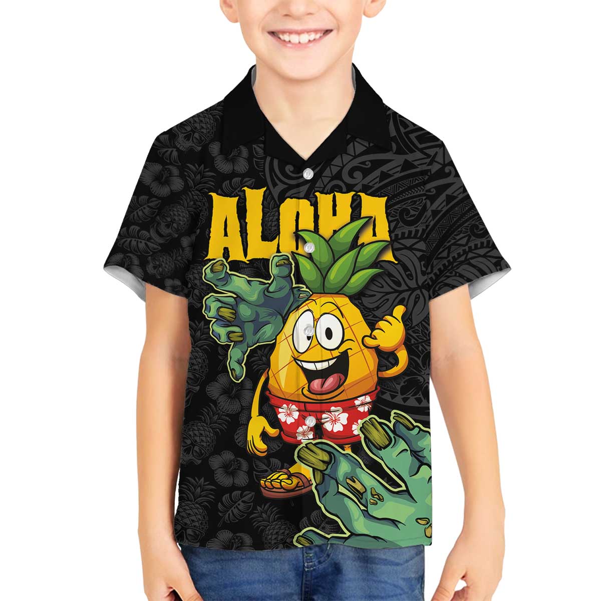 Hawaiian Halloween Family Matching Off Shoulder Short Dress and Hawaiian Shirt Aloha Pinapple with Mysterious Hands and Polynesian Tribal Tattoo