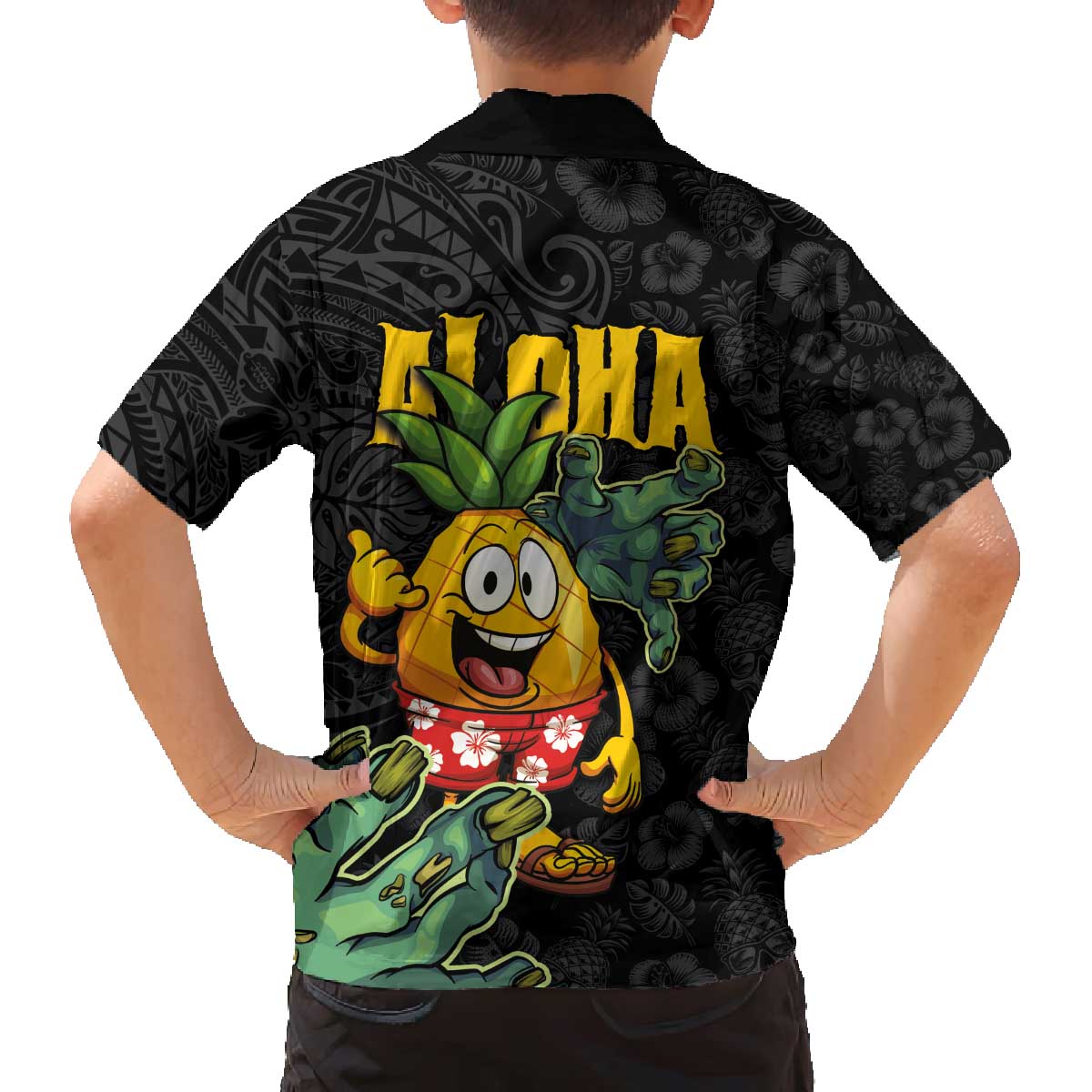 Hawaiian Halloween Family Matching Puletasi and Hawaiian Shirt Aloha Pinapple with Mysterious Hands and Polynesian Tribal Tattoo LT03 - Polynesian Pride