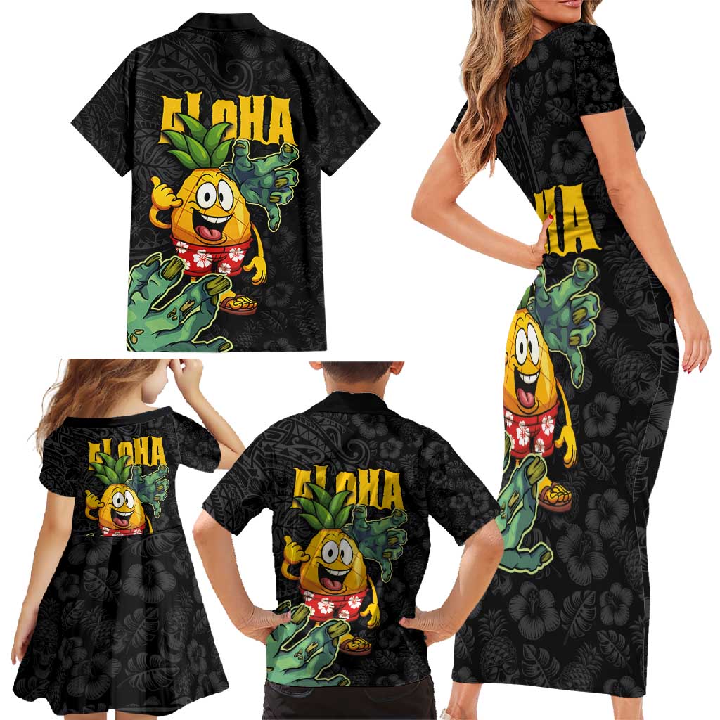 Hawaiian Halloween Family Matching Short Sleeve Bodycon Dress and Hawaiian Shirt Aloha Pinapple with Mysterious Hands and Polynesian Tribal Tattoo