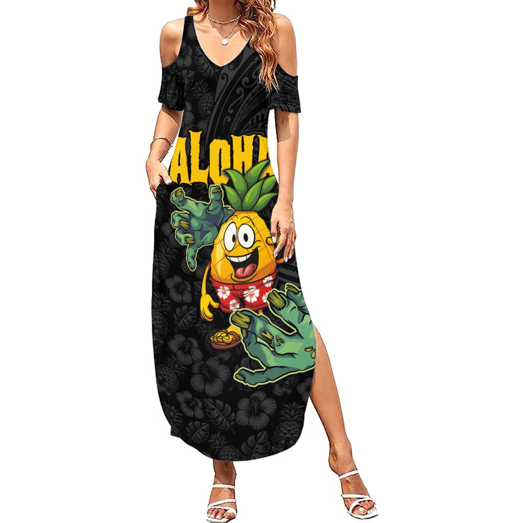 Hawaiian Halloween Family Matching Summer Maxi Dress and Hawaiian Shirt Aloha Pinapple with Mysterious Hands and Polynesian Tribal Tattoo