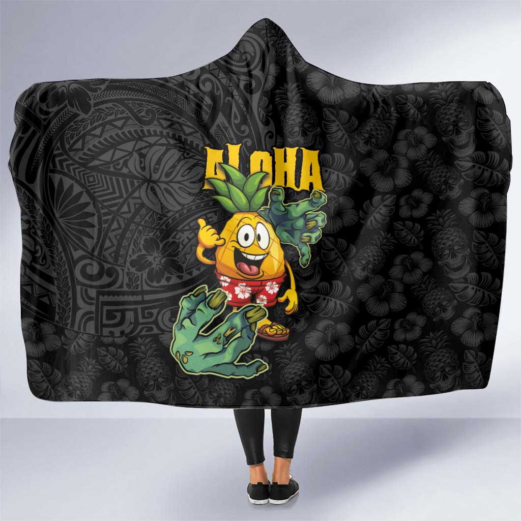 Hawaiian Halloween Hooded Blanket Aloha Pinapple with Mysterious Hands and Polynesian Tribal Tattoo LT03 One Size Black - Polynesian Pride